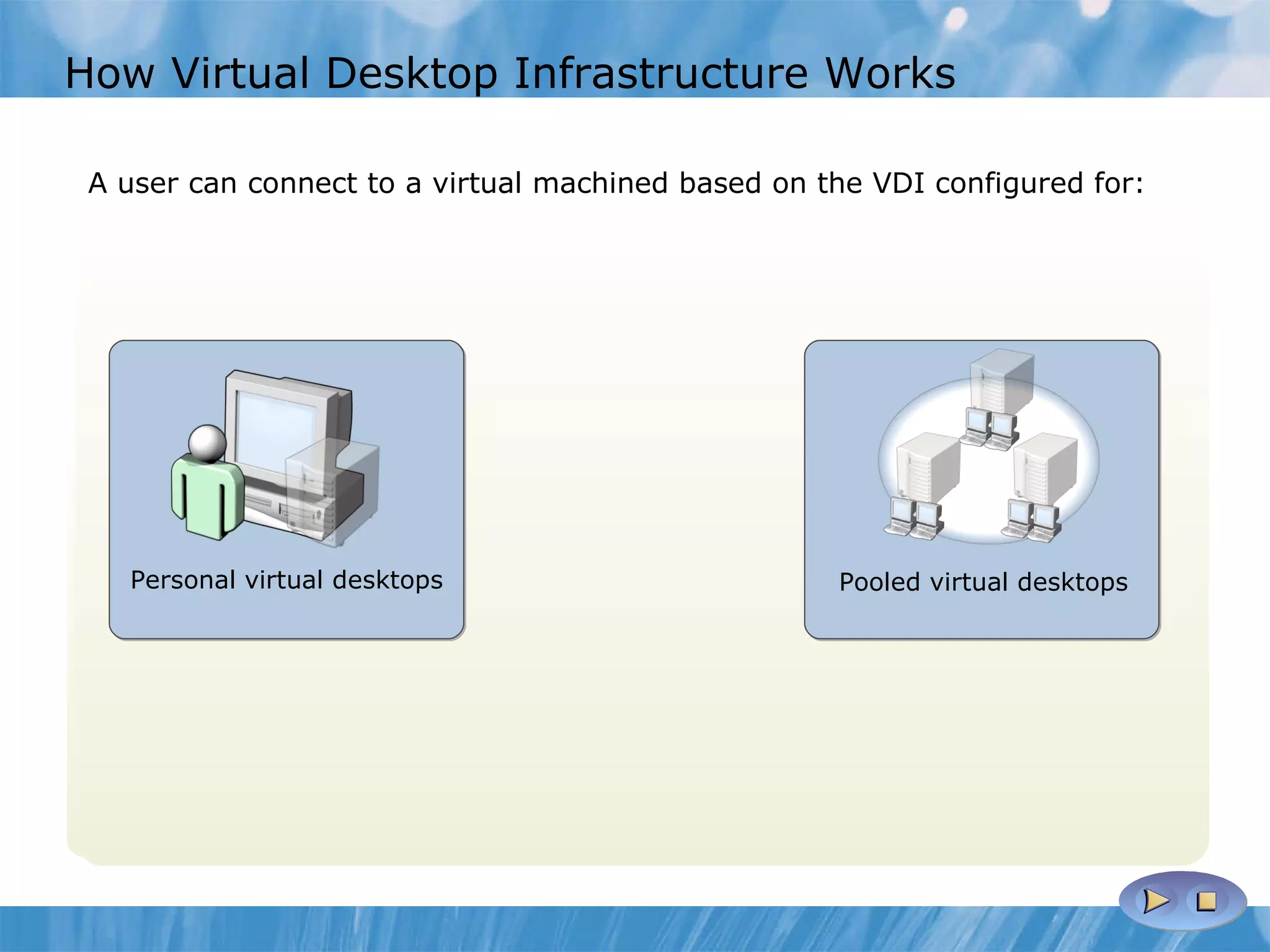 How Virtual Desktop Infrastructure Works A user can connect to a virtual machined based on the VDI  configured for: Personal virtual desktops A user initiates the connection to the personal virtual desktop The user sends the request to the RD Session Host server running in redirection mode The RD Session Host server forwards the request to the RD Connection Broker server The RD Connection Broker server queries AD DS and retrieves the name of the virtual machine that is assigned to the requesting user account The RD Connection Broker server sends a request to the RD Virtualization Host server to start the virtual machine The RD Virtualization Host server returns the IP address of the FQDN to the RD Connection Broker server The RD Session Host server redirects the request to the client computer that initiated the connection The client computer connects to the personal virtual desktop Pooled virtual desktops A user initiates the connection to the virtual desktop pool  The user sends the request to the RD Session Host server running in redirection mode The RD Session Host server redirects the request to the RD Connection Broker server The RD Connection Broker server verifies whether any existing session exists for the requesting user account The RD Session Host server redirects the request to the client computer that initiated the connection The client computer connects to the virtual desktop pool A user can connect to a virtual machined based on the VDI configured for: Personal virtual desktops Pooled virtual desktops 