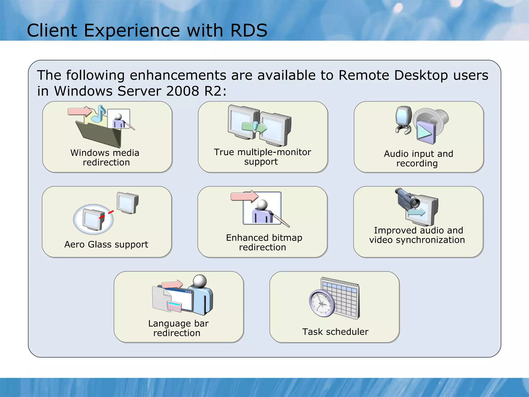 Client Experience with RDS The following enhancements are available to Remote Desktop users in Windows Server 2008 R2: Windows media  redirection True multiple-monitor support  Audio input and recording  Improved audio and video synchronization  Enhanced bitmap redirection  Aero Glass support  Language bar redirection  Task scheduler  