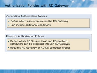 Authorization Policies with RD Gateway Connection Authorization Policies: Define which users can access the RD Gateway Can include additional conditions Resource Authorization Policies: Define which RD Session Host and RD-enabled computers can be accessed through RD Gateway Requires RD Gateway or AD DS computer groups 