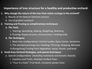 Importance of tree structure for a healthy and productive orchard:
1. Why change the nature of the tree from native ecology to the orchard?
a. Results of the Natural Selection process
b. Use of grafted rootstock
2. Training and Pruning as complimentary techniques
a. The Tools
i. Training: Spreading, Staking, Weighting, Notching
ii. Pruning: Bypass pruners, Anvil pruners, Girdling knife
b. The Techniques
i. Basic tree configurations: Central Leader, Open Center, Variations
ii. The standard pruning cuts: Heading, Thinning, Stopping, Renewal
iii.Recognizing Fruiting from Vegetative; wood, shoots, and buds
3. Small Area Orchard Strategies, and special techniques
a. Special configurations (Dwarfing rootstocks and Genetic Dwarfs)
i. Espaliers and Trellis, Multiple Grafted Trees
ii. “Four in a hole,” Fruit Bush, Container grown trees
 