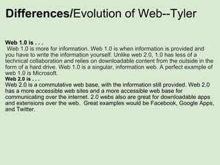 Differences/ Evolution of Web--Tyler Web 1.0 is . . .    Web 1.0 is more for information. Web 1.0 is when information is provided and you have to write the information yourself. Unlike web 2.0, 1.0 has less of a technical collaboration and relies on downloadable content from the outside in the form of a hard drive. Web 1.0 is a singular, information web. A perfect example of web 1.0 is Microsoft.  Web 2.0 is . . . Web 2.0 is a commutative web base, with the information still provided. Web 2.0 has a more accessible web sites and a more accessible web base for communicating over the internet. 2.0 webs also are great for downloadable apps and extensions over the web.  Great examples would be Facebook, Google Apps, and Twitter.  