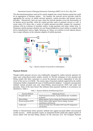 International Journal of Managing Information Technology (IJMIT) Vol.10, No.2, May 2018
44
The abovementioned players need not be exactly mapped onto various business parties but could
be an aggregation of business entities. For instance, the network service provider could be
aggregating the services of mobile network operators, content providers and Internet service
providers. Alternatively, there are cases where the network operator covers the functionality of
an Internet service provider, while the content provider caters to payment services as well. A
recent study [15] shows that a variety of mobile payment providers compete for consumers'
attention with an evolution of merchant wallets, in-app payments and issuer wallets (Fig. 1).
Proprietary mobile payment solutions are now being introduced as issuer wallets to compete with
device manufacturers such as Apple, Samsung, etc. Hence, an evolution of such industry players
have a major influence on the consumer adoption of mobile payments.
Fig. 1. Recent evolution of successful m-wallet players
Payment Methods
Though mobile payment services were traditionally managed by mobile network operators for
many years using player-centric models, recently we find the emergence of new payment and
billing models that allow consumers to access the payment services independent of who the
owner of the service is [13][30]. The various types of payment methods supported by the mobile
transactions further compounds the issue of mobile payment adoption. Commonly used payment
methods include pre-paid cash card, micro-billing, person-to-person (P2P) and credit card
payments. Some of the main factors that influence these payment methods in m-commerce are
identified in Table 2.
Table 2. Payment Methods and Influencing Factors
Payment Methods Influencing Factors
Pre-paid cash card Small transaction amount, Top-up methods and Availability
to anyone
Micro-billing Billing options, Service charge and Transaction maintenance
Person-to-person (P2P) Direct credit or debit options, Service charge, Account
maintenance and Security
Credit card Service provider trust, M-wallets (H/W and S/W integration)
and Security
Similar to Internet-based online payment methods that support pre-paid (debit) and post-paid
(credit) services, mobile payments require an integrated flexible model that support quality of
service (QoS) with one-stop billing schemes for the end-users [21]. The European Payment
 
