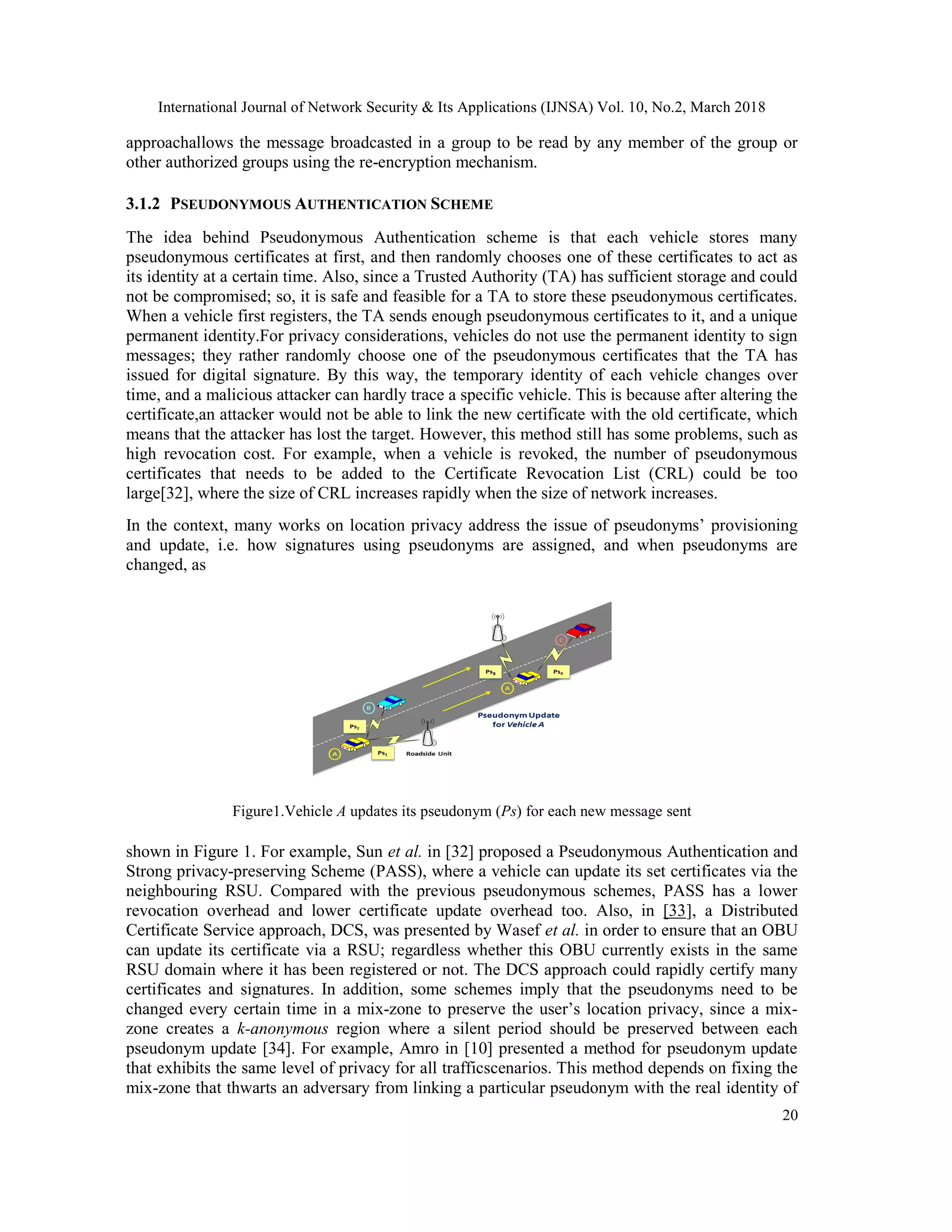 International Journal of Network Security & Its Applications (IJNSA) Vol. 10, No.2, March 2018
20
approachallows the message broadcasted in a group to be read by any member of the group or
other authorized groups using the re-encryption mechanism.
3.1.2 PSEUDONYMOUS AUTHENTICATION SCHEME
The idea behind Pseudonymous Authentication scheme is that each vehicle stores many
pseudonymous certificates at first, and then randomly chooses one of these certificates to act as
its identity at a certain time. Also, since a Trusted Authority (TA) has sufficient storage and could
not be compromised; so, it is safe and feasible for a TA to store these pseudonymous certificates.
When a vehicle first registers, the TA sends enough pseudonymous certificates to it, and a unique
permanent identity.For privacy considerations, vehicles do not use the permanent identity to sign
messages; they rather randomly choose one of the pseudonymous certificates that the TA has
issued for digital signature. By this way, the temporary identity of each vehicle changes over
time, and a malicious attacker can hardly trace a specific vehicle. This is because after altering the
certificate,an attacker would not be able to link the new certificate with the old certificate, which
means that the attacker has lost the target. However, this method still has some problems, such as
high revocation cost. For example, when a vehicle is revoked, the number of pseudonymous
certificates that needs to be added to the Certificate Revocation List (CRL) could be too
large[32], where the size of CRL increases rapidly when the size of network increases.
In the context, many works on location privacy address the issue of pseudonyms’ provisioning
and update, i.e. how signatures using pseudonyms are assigned, and when pseudonyms are
changed, as
Figure1.Vehicle A updates its pseudonym (Ps) for each new message sent
shown in Figure 1. For example, Sun et al. in [32] proposed a Pseudonymous Authentication and
Strong privacy-preserving Scheme (PASS), where a vehicle can update its set certificates via the
neighbouring RSU. Compared with the previous pseudonymous schemes, PASS has a lower
revocation overhead and lower certificate update overhead too. Also, in [33], a Distributed
Certificate Service approach, DCS, was presented by Wasef et al. in order to ensure that an OBU
can update its certificate via a RSU; regardless whether this OBU currently exists in the same
RSU domain where it has been registered or not. The DCS approach could rapidly certify many
certificates and signatures. In addition, some schemes imply that the pseudonyms need to be
changed every certain time in a mix-zone to preserve the user’s location privacy, since a mix-
zone creates a k-anonymous region where a silent period should be preserved between each
pseudonym update [34]. For example, Amro in [10] presented a method for pseudonym update
that exhibits the same level of privacy for all trafficscenarios. This method depends on fixing the
mix-zone that thwarts an adversary from linking a particular pseudonym with the real identity of
 