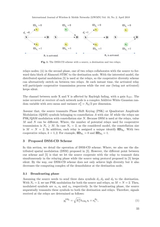 International Journal of Wireless & Mobile Networks (IJWMN) Vol. 10, No. 2, April 2018
S D
R1
R2
S D
R1
R2
S D
R1
R2
dS =0
1RID 0
2RID 1
1RID 0
2RID 1
S D
R1
R2
1RID 0
2RID 1
Sd =1
1RID 0
2RID 1
R1 is activated. R2 is activated.
Fig. 1. The DSM-CD scheme with a source, a destination and two relays.
relays nodes; (ii) in the second phase, one of two relays collaborates with the source to for-
ward data block of Alamouti STBC to the destination node. With the interested model, the
distributed spatial modulation [5] is used at the relays, so the cooperative diversity scheme
can alternatively switch on between two relays. At each instant time, the activated relay
will participate cooperative transmission process while the rest one (being not activated)
keeps silent.
The channel between node X and Y is aﬀected by Rayleigh fading, with a gain hXY . The
noise occurred at receiver of each network node is a complex Additive White Gaussian ran-
dom variable with zero mean and variance σ2
n = N0/2 per dimension.
Assume that, the source transmits Phase Shift Keying (PSK) or Quadrature Amplitude
Modulation (QAM) symbols belonging to constellation A with size M while the relays use
PSK/QAM modulation with constellation size N. Because DSM is used at the relays, value
M and N can be diﬀerent. Where, the number of potential relays used for cooperative
transmission is Nr ≥ M. In case Nr = 2, as the considered model, the constellation size
is M = N = 2. In addition, each relay is assigned a unique identify IDRk
. With two
cooperative relays, k = 1, 2. For example, IDR1 = 0 and IDR2 = 1.
3 Proposed DSM-CD Scheme
In this section, we detail the operation of DSM-CD scheme. Where, we also use the dis-
tributed spatial modulation (DSM) proposed in [5]. However, the diﬀerent point between
our scheme and [5] is that we let the source cooperate with the relay to transmit data
simultaneously in the relaying phase while the source using protocol proposed in [5] keeps
silent. By the way, our DSM-CD scheme does not only achieve high diversity but it also
decreases the computing complex of the demodulator at the destination node.
3.1 Broadcasting phase
Assuming the source needs to send three data symbols d1, d2 and d3 to the destination.
With Nr = 2, we use PSK modulation for both the source and relays, so M = N = 2. Then,
modulated symbols are s1, s2 and s3, respectively. In the broadcasting phase, the source
sequentially transmits these symbols to both the destination and relays. Therefore, signals
received at the relays are determined as follows:
ySRk
t = ES
1 hSRk
st + nRk
t , (1)
33
 