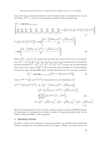 International Journal of Wireless & Mobile Networks (IJWMN) Vol. 10, No. 2, April 2018
relay. The data symbols demodulated at the destination node are formulated by (7) and
(8). Where, ˆsSRa
t , t = {2, 3}, are the modulation symbols of the activated relay.
ˆsD
= arg max˜sD
t ∈A,t=1,2,3


˜sD
1 ∈A ˜sD
2 ∈A ˜sD
3 ∈A ˆs
SR1
1 ∈A ˆs
SR1
2 ∈A ˆs
SR1
3 ∈A ˆs
SR2
1 ∈A ˆs
SR2
2 ∈A ˆs
SR2
3 ∈A
Pr yD
1 , yD
2 | ˜sD
,ˆsSR
Pr ˜sD
,ˆsSR



(7)
Pr yD
1 , yD
2 | ˜sD
,ˆsSR
= exp




yD
1 −
√
ERhRaDˆsSRa
2 + ES
2 hSDs3
N0




× exp




yD
2 −
√
ERhRaD −ˆsSRa
3
∗
+ ES
2 hSD (s2)∗
N0



 (8)
Where, ˆsD
= sD
1 , sD
2 , sD
3 presents the estimated data vector of the source at the destina-
tion; ˜sD
= ˜sD
1 , ˜sD
2 , ˜sD
3 is the 1x3 trial data vector at the destination for the hypothesis
detection problem; ˆsSR
= [sSR1
1 , sSR1
2 , sSR1
3 , sSR2
1 , sSR2
2 , sSR2
3 ] denotes the 1x6 demodulated
data vector at the relays; Pr ˜sD
,ˆsSR
is the priori joint probability of the demodulation
errors at the relays. At high SNR values, the ML demodulator in (7) is rewritten as follows:
ˆsD
= arg min˜sD
t ∈A,t=1,2,3 Λhigh−snr
yD
1 , yD
2 ,˜sD
,ˆsSR
(9)
where, Λhigh−snr yD
1 , yD
2 ,˜sD
,ˆsSR
is determined as in the formulation (10).
Λhigh−snr
yD
1 , yD
2 ,˜sD
,ˆsSR
= Q + yD
1 − ERhRaDˆsSRa
2 + ES
2 hSDs3
+ yD
2 − ERhRaD −ˆsSRa
3
∗
+ ES
2 hSD (s2)∗
+
2
k=1
3
t=1
ES
1 hSRk
2
˜sD
t − ˆsSRk
t
2
. (10)
Q = ySD
1 − ES
1 hSDs1
2
+ ySD
2 − ES
1 hSDs2
2
+ ySD
3 − ES
1 hSDs3
2
(11)
Observe the formulations (7), (9) and (10), clearly by using our proposed DSM-CD scheme
the demodulator at destination can reduce a number of cooperating relays while the dis-
tributed Alamouti STBC is still transmitted.
4 Simulation Results
In order to evaluate the performance of proposed scheme, we use Monte-Carlo simulation
based on computer for the network model as in Figure 1. Where, the links between two
35
 