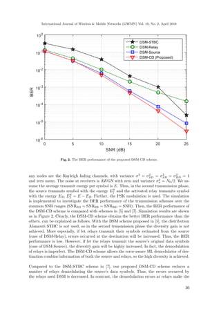 International Journal of Wireless & Mobile Networks (IJWMN) Vol. 10, No. 2, April 2018
SNR (dB)
0 5 10 15 20 25
BER
10-6
10-5
10-4
10-3
10-2
10-1
100
DSM-STBC
DSM-Relay
DSM-Source
DSM-CD (Proposed)
Fig. 2. The BER performance of the proposed DSM-CD scheme.
any nodes are the Rayleigh fading channels, with variance σ2 = σ2
SD = σ2
SR = σ2
RD = 1
and zero mean. The noise at receivers is AWGN with zero and variance σ2
n = N0/2. We as-
sume the average transmit energy per symbol is E. Thus, in the second transmission phase,
the source transmits symbol with the energy ES
2 and the activated relay transmits symbol
with the energy ER, ES
2 = E − ER. Further, the PSK modulation is used. The simulation
is implemented to investigate the BER performance of the transmission schemes over the
common SNR ranges (SNRSD = SNRSR = SNRRD = SNR). Then, the BER performance of
the DSM-CD scheme is compared with schemes in [5] and [7]. Simulation results are shown
as in Figure 2. Clearly, the DSM-CD scheme obtains the better BER performance than the
others. can be explained as follows. With the DSM scheme proposed in [5], the distribution
Alamouti STBC is not used, so in the second transmission phase the diversity gain is not
achieved. More especially, if let relays transmit their symbols estimated from the source
(case of DSM-Relay), errors occurred at the destination will be increased. Thus, the BER
performance is low. However, if let the relays transmit the source’s original data symbols
(case of DSM-Source), the diversity gain will be highly increased. In fact, the demodulation
of relays is imperfect. The DSM-CD scheme allows the error-aware ML demodulator of des-
tination combine information of both the source and relays, so the high diversity is achieved.
Compared to the DSM-STBC scheme in [7], our proposed DSM-CD scheme reduces a
number of relays demodulating the source’s data symbols. Thus, the errors occurred by
the relays used DSM is decreased. In contrast, the demodulation errors at relays make the
36
 