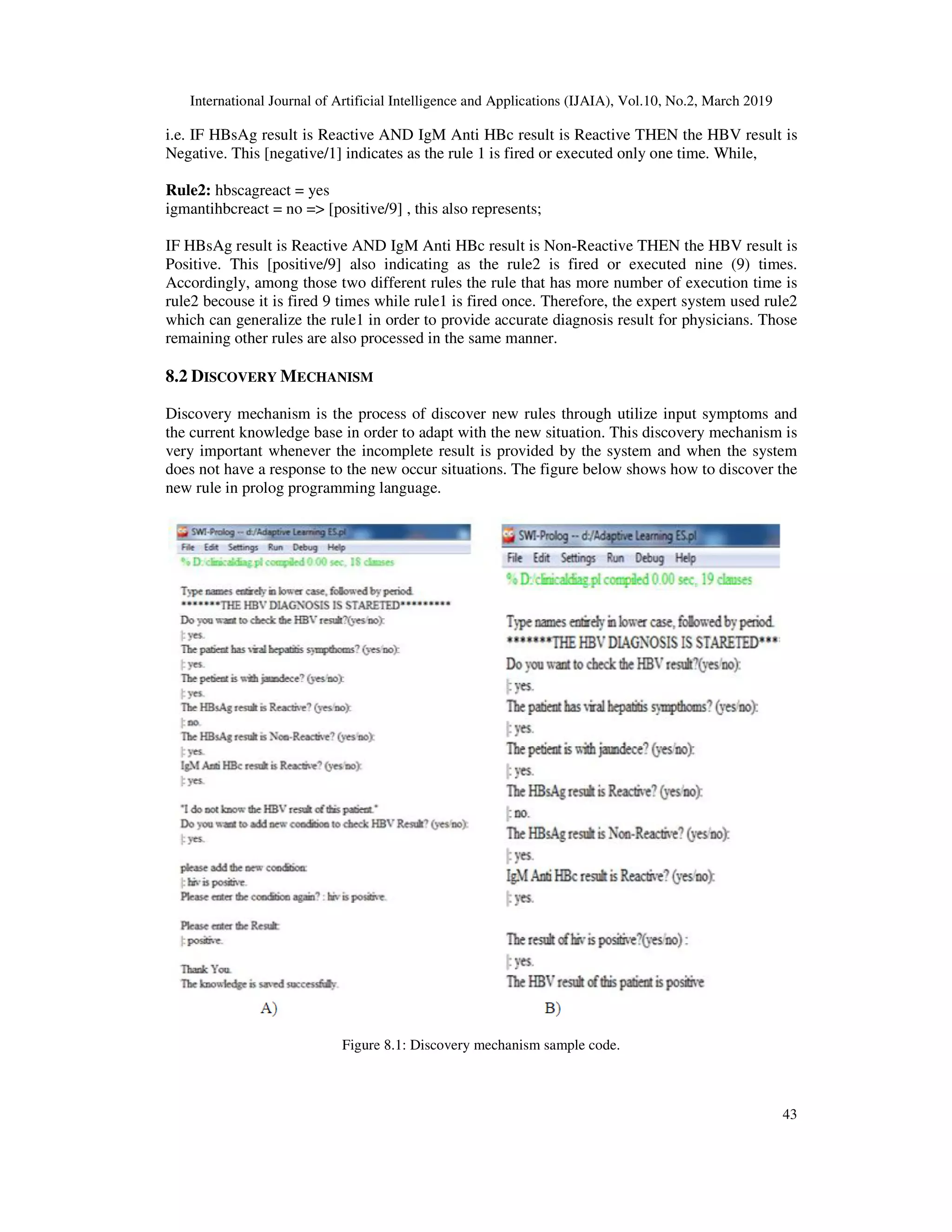International Journal of Artificial Intelligence and Applications (IJAIA), Vol.10, No.2, March 2019
i.e. IF HBsAg result is Reactive AND IgM Anti HBc result is Reactive THEN the HBV result is
Negative. This [negative/1] indicates as the rule 1 is fired or executed only one time. While,
Rule2: hbscagreact = yes
igmantihbcreact = no => [positive/9] , this also represents;
IF HBsAg result is Reactive AND IgM Anti HBc result is Non
Positive. This [positive/9] also indicating as the rule2 is fired or executed nine (9) times.
Accordingly, among those two different rules the rule that has more number of execution time is
rule2 becouse it is fired 9 times while rule1 is fired once. Th
which can generalize the rule1 in order to provide accurate diagnosis result for physicians. Those
remaining other rules are also processed in the same manner.
8.2 DISCOVERY MECHANISM
Discovery mechanism is the proce
the current knowledge base in order to adapt with the new situation. This discovery mechanism is
very important whenever the incomplete result is provided by the system and when the system
does not have a response to the new occur situations. The figure below shows how to discover the
new rule in prolog programming language.
Figure 8.1: Discovery mechanism sample code.
International Journal of Artificial Intelligence and Applications (IJAIA), Vol.10, No.2, March 2019
i.e. IF HBsAg result is Reactive AND IgM Anti HBc result is Reactive THEN the HBV result is
[negative/1] indicates as the rule 1 is fired or executed only one time. While,
igmantihbcreact = no => [positive/9] , this also represents;
IF HBsAg result is Reactive AND IgM Anti HBc result is Non-Reactive THEN the HBV result
Positive. This [positive/9] also indicating as the rule2 is fired or executed nine (9) times.
Accordingly, among those two different rules the rule that has more number of execution time is
rule2 becouse it is fired 9 times while rule1 is fired once. Therefore, the expert system used rule2
which can generalize the rule1 in order to provide accurate diagnosis result for physicians. Those
remaining other rules are also processed in the same manner.
Discovery mechanism is the process of discover new rules through utilize input symptoms and
the current knowledge base in order to adapt with the new situation. This discovery mechanism is
very important whenever the incomplete result is provided by the system and when the system
t have a response to the new occur situations. The figure below shows how to discover the
new rule in prolog programming language.
Figure 8.1: Discovery mechanism sample code.
International Journal of Artificial Intelligence and Applications (IJAIA), Vol.10, No.2, March 2019
43
i.e. IF HBsAg result is Reactive AND IgM Anti HBc result is Reactive THEN the HBV result is
[negative/1] indicates as the rule 1 is fired or executed only one time. While,
Reactive THEN the HBV result is
Positive. This [positive/9] also indicating as the rule2 is fired or executed nine (9) times.
Accordingly, among those two different rules the rule that has more number of execution time is
erefore, the expert system used rule2
which can generalize the rule1 in order to provide accurate diagnosis result for physicians. Those
ss of discover new rules through utilize input symptoms and
the current knowledge base in order to adapt with the new situation. This discovery mechanism is
very important whenever the incomplete result is provided by the system and when the system
t have a response to the new occur situations. The figure below shows how to discover the
 