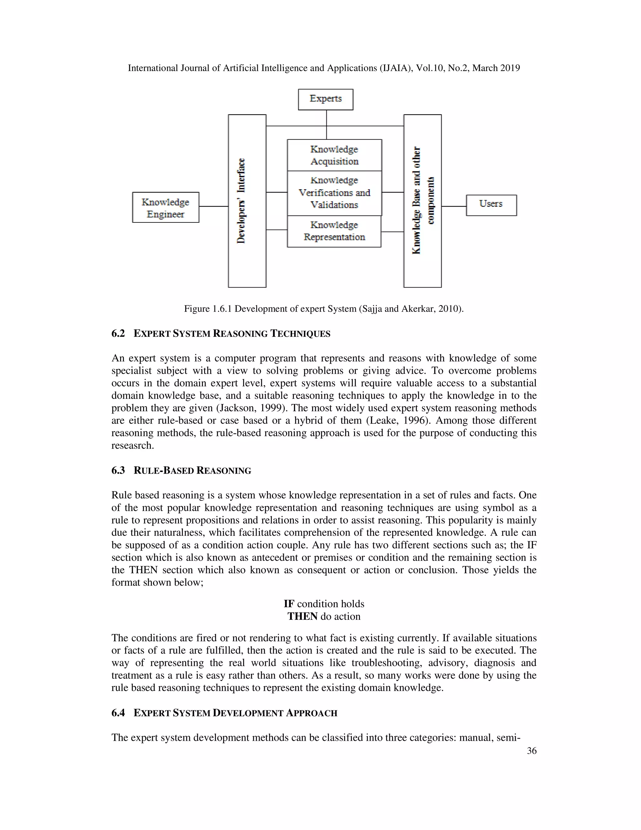 International Journal of Artificial Intelligence and Applications (IJAIA), Vol.10, No.2, March 2019
Figure 1.6.1 Development of expert System (Sajja and Akerkar, 2010).
6.2 EXPERT SYSTEM REASONING
An expert system is a computer program that represents and reasons with knowledge of some
specialist subject with a view to solving problems or
occurs in the domain expert level, expert systems will require valuable access to a substantial
domain knowledge base, and a suitable reasoning techniques to apply the knowledge in to the
problem they are given (Jackson,
are either rule-based or case based or a hybrid of them (Leake, 1996). Among those different
reasoning methods, the rule-based reasoning approach is used for the purpose of conducting this
reseasrch.
6.3 RULE-BASED REASONING
Rule based reasoning is a system whose knowledge representation in a set of rules and facts. One
of the most popular knowledge representation and reasoning techniques are using symbol as a
rule to represent propositions and rela
due their naturalness, which facilitates comprehension of the represented knowledge. A rule can
be supposed of as a condition action couple. Any rule has two different sections such as; the IF
section which is also known as antecedent or premises or condition and the remaining section is
the THEN section which also known as consequent or action or conclusion. Those yields the
format shown below;
The conditions are fired or not rendering to what fact is existing currently. If available situations
or facts of a rule are fulfilled, then the action is created and the rule is said to be executed. The
way of representing the real world situations like troubleshooting,
treatment as a rule is easy rather than others. As a result, so many works were done by using the
rule based reasoning techniques to represent the existing domain knowledge.
6.4 EXPERT SYSTEM DEVELOPMENT
The expert system development methods can be classified into three categories: manual, semi
International Journal of Artificial Intelligence and Applications (IJAIA), Vol.10, No.2, March 2019
Figure 1.6.1 Development of expert System (Sajja and Akerkar, 2010).
EASONING TECHNIQUES
An expert system is a computer program that represents and reasons with knowledge of some
specialist subject with a view to solving problems or giving advice. To overcome problems
occurs in the domain expert level, expert systems will require valuable access to a substantial
domain knowledge base, and a suitable reasoning techniques to apply the knowledge in to the
problem they are given (Jackson, 1999). The most widely used expert system reasoning methods
based or case based or a hybrid of them (Leake, 1996). Among those different
based reasoning approach is used for the purpose of conducting this
Rule based reasoning is a system whose knowledge representation in a set of rules and facts. One
of the most popular knowledge representation and reasoning techniques are using symbol as a
rule to represent propositions and relations in order to assist reasoning. This popularity is mainly
due their naturalness, which facilitates comprehension of the represented knowledge. A rule can
be supposed of as a condition action couple. Any rule has two different sections such as; the IF
ection which is also known as antecedent or premises or condition and the remaining section is
the THEN section which also known as consequent or action or conclusion. Those yields the
IF condition holds
THEN do action
are fired or not rendering to what fact is existing currently. If available situations
or facts of a rule are fulfilled, then the action is created and the rule is said to be executed. The
way of representing the real world situations like troubleshooting, advisory, diagnosis and
treatment as a rule is easy rather than others. As a result, so many works were done by using the
rule based reasoning techniques to represent the existing domain knowledge.
EVELOPMENT APPROACH
development methods can be classified into three categories: manual, semi
International Journal of Artificial Intelligence and Applications (IJAIA), Vol.10, No.2, March 2019
36
An expert system is a computer program that represents and reasons with knowledge of some
giving advice. To overcome problems
occurs in the domain expert level, expert systems will require valuable access to a substantial
domain knowledge base, and a suitable reasoning techniques to apply the knowledge in to the
1999). The most widely used expert system reasoning methods
based or case based or a hybrid of them (Leake, 1996). Among those different
based reasoning approach is used for the purpose of conducting this
Rule based reasoning is a system whose knowledge representation in a set of rules and facts. One
of the most popular knowledge representation and reasoning techniques are using symbol as a
tions in order to assist reasoning. This popularity is mainly
due their naturalness, which facilitates comprehension of the represented knowledge. A rule can
be supposed of as a condition action couple. Any rule has two different sections such as; the IF
ection which is also known as antecedent or premises or condition and the remaining section is
the THEN section which also known as consequent or action or conclusion. Those yields the
are fired or not rendering to what fact is existing currently. If available situations
or facts of a rule are fulfilled, then the action is created and the rule is said to be executed. The
advisory, diagnosis and
treatment as a rule is easy rather than others. As a result, so many works were done by using the
development methods can be classified into three categories: manual, semi-
 