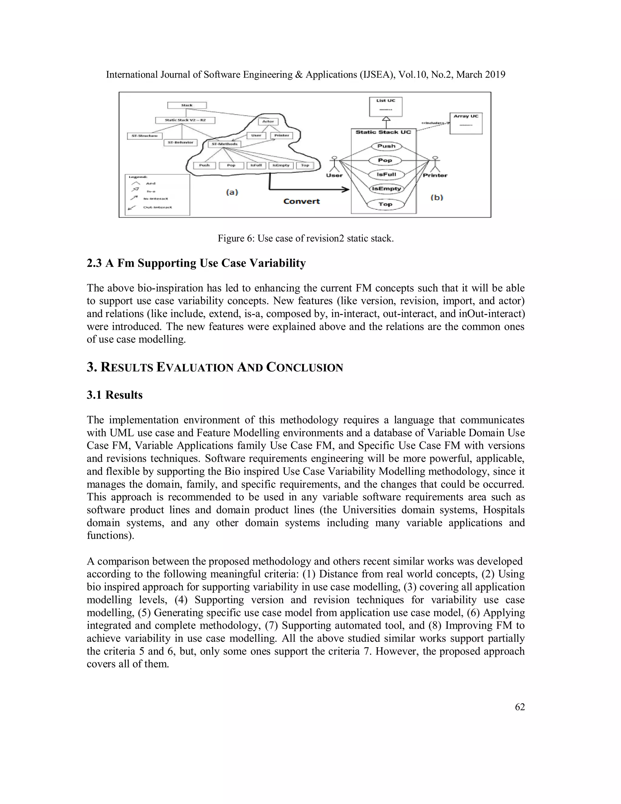 International Journal of Software Engineering & Applications (IJSEA), Vol.10, No.2, March 2019
62
Figure 6: Use case of revision2 static stack.
2.3 A Fm Supporting Use Case Variability
The above bio-inspiration has led to enhancing the current FM concepts such that it will be able
to support use case variability concepts. New features (like version, revision, import, and actor)
and relations (like include, extend, is-a, composed by, in-interact, out-interact, and inOut-interact)
were introduced. The new features were explained above and the relations are the common ones
of use case modelling.
3. RESULTS EVALUATION AND CONCLUSION
3.1 Results
The implementation environment of this methodology requires a language that communicates
with UML use case and Feature Modelling environments and a database of Variable Domain Use
Case FM, Variable Applications family Use Case FM, and Specific Use Case FM with versions
and revisions techniques. Software requirements engineering will be more powerful, applicable,
and flexible by supporting the Bio inspired Use Case Variability Modelling methodology, since it
manages the domain, family, and specific requirements, and the changes that could be occurred.
This approach is recommended to be used in any variable software requirements area such as
software product lines and domain product lines (the Universities domain systems, Hospitals
domain systems, and any other domain systems including many variable applications and
functions).
A comparison between the proposed methodology and others recent similar works was developed
according to the following meaningful criteria: (1) Distance from real world concepts, (2) Using
bio inspired approach for supporting variability in use case modelling, (3) covering all application
modelling levels, (4) Supporting version and revision techniques for variability use case
modelling, (5) Generating specific use case model from application use case model, (6) Applying
integrated and complete methodology, (7) Supporting automated tool, and (8) Improving FM to
achieve variability in use case modelling. All the above studied similar works support partially
the criteria 5 and 6, but, only some ones support the criteria 7. However, the proposed approach
covers all of them.
 