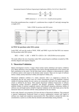 International Journal of Software Engineering & Applications (IJSEA), Vol.10, No.2, March 2019
79
𝑊𝑀𝐶(𝑖𝑛𝑣𝑜𝑖𝑐𝑒) = ∑ 𝑠
𝑛
𝑖=1
+ ∑ 𝑎
𝑛
𝑖=1
+ ∑ 𝑟
𝑛
𝑖=1
𝑊𝑀𝐶 (𝑖𝑛𝑣𝑜𝑖𝑐𝑒) = 2 + 0 + 0 = 2 𝑤𝑒𝑏 𝑠𝑒𝑟𝑣𝑖𝑐𝑒 𝑝𝑜𝑖𝑛𝑡𝑠
Given that asynchronous has a weight of 1, synchronous has a weight of 2 and reply message has
a weight of 0.5.
Table 6: WMC for purchase order SOA system
4.4 WSC for purchase order SOA system
Lastly WSC will sum the results of WOC, WDC and WMC to give the final SOA size measure
for the purchase order SOA system.
𝑊𝑆𝐶 = 𝑊𝑂𝐶 + 𝑆𝐷𝐶 + 𝑊𝑀𝐶 73 + 20.33 + 10 = 103.33 𝑊𝑒𝑏 𝑠𝑒𝑟𝑣𝑖𝑐𝑒 𝑝𝑜𝑖𝑛𝑡𝑠
The result reflects the size of purchase order SOA system based on attributes revealed by UML
interface diagram and sequence diagram.
5. Theoretical Validation
Metrics development involves 2 stages which include metrics definition and metrics validation
[23]. Metric definition is the actual design of the metrics through identification of key factors and
their contribution to the metric. On the other hand, metrics validation is determining the validity
of software metrics with respect to the domain under research. There are two types of software
metrics validity namely theoretical validity and empirical validity [24].
Theoretical validation confirms if a metric measures what it is supposed to measure by
considering that the new metric does not violate measurement theory. It establishes construct
validity by checking whether the new metrics are structurally valid and if the metric respects set
criteria as defined by the theory. Most popular theoretical validation frameworks in software
engineering include Weyuker’s properties and Briand’s properties. Weyuker’s properties
establish validity of software complexity metrics while Briand’s properties determine validity of
software size and length metrics [23][24]. Empirical validation on the other hand, proves that the
measured values are consistent with the values predicted by the new metrics.
In this study, Briand’s size properties [25] form the basis of theoretical validation. They proposed
a rigorous mathematical framework based on precise mathematical concept with regard to
software size, length and complexity measurements [25]. They defined a concept that takes into
consideration a system as an entity that has elements and relationships among elements.
 