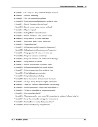 Ring Documentation, Release 1.10
• Error (R7) : Can’t assign to a string letter more than one character
• Error (R8) : Variable is not a string
• Error (R9) : Using exit command outside loops
• Error (R10) : Using exit command with number outside the range
• Error (R11) : Error in class name, class not found!
• Error (R12) : Error in property name, property not found!
• Error (R13) : Object is required
• Error (R14) : Calling Method without deﬁnition !
• Error (R15) : Error in parent class name, class not found!
• Error (R16) : Using braces to access unknown object !
• Error (R17) : Error, using ‘Super’ without parent class!
• Error (R18) : Numeric Overﬂow!
• Error (R19) : Calling function with less number of parameters!
• Error (R20) : Calling function with extra number of parameters!
• Error (R21) : Using operator with values of incorrect type
• Error (R22) : Using loop command outside loops
• Error (R23) : Using loop command with number outside the range
• Error (R24) : Using uninitialized variable
• Error (R25) : Error in package name, Package not found!
• Error (R26) : Calling private method from outside the class
• Error (R27) : Using private attribute from outside the class
• Error (R28) : Using bad data type as step value
• Error (R29) : Using bad data type in for loop
• Error (R30) : Parent class name is identical to child class name
• Error (R31) : Trying to destory the object using the self reference
• Error (R32) : The CALL command expect a variable contains string!
• Error (R33) : Bad decimals number (correct range >= 0 and <=14) !
• Error (R34) : Variable is required for the assignment operation
• Error (R35) : Can’t create/open the ﬁle!
• Error (R36) : The column number is not correct! It’s greater than the number of columns in the list
• Error (R37) : Sorry, The command is not supported in this context
• Error (R38) : Runtime Error in loading the dynamic library!
• Error (R39) : Error occurred creating unique ﬁlename
88.4. Runtime Errors 991
 
