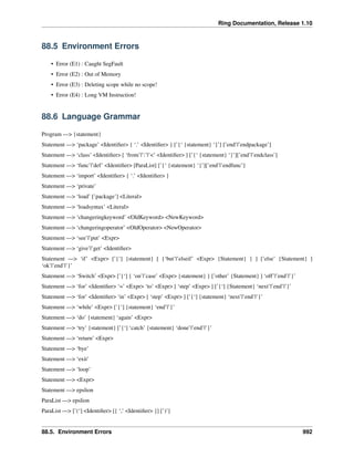 Ring Documentation, Release 1.10
88.5 Environment Errors
• Error (E1) : Caught SegFault
• Error (E2) : Out of Memory
• Error (E3) : Deleting scope while no scope!
• Error (E4) : Long VM Instruction!
88.6 Language Grammar
Program —> {statement}
Statement —> ‘package’ <Identiﬁer> { ‘.’ <Identiﬁer> } [’{‘ {statement} ‘}’] [’end’|’endpackage’]
Statement —> ‘class’ <Identiﬁer> [ ‘from’|’:’|’<’ <Identiﬁer> ] [’{‘ {statement} ‘}’][’end’|’endclass’]
Statement —> ‘func’|’def’ <Identiﬁer> [ParaList] [’{‘ {statement} ‘}’][’end’|’endfunc’]
Statement —> ‘import’ <Identiﬁer> { ‘.’ <Identiﬁer> }
Statement —> ‘private’
Statement —> ‘load’ [’package’] <Literal>
Statement —> ‘loadsyntax’ <Literal>
Statement —> ‘changeringkeyword’ <OldKeyword> <NewKeyword>
Statement —> ‘changeringoperator’ <OldOperator> <NewOperator>
Statement —> ‘see’|’put’ <Expr>
Statement —> ‘give’|’get’ <Identiﬁer>
Statement —> ‘if’ <Expr> [’{‘] {statement} [ {‘but’|’elseif’ <Expr> {Statement} } ] [’else’ {Statement} ]
‘ok’|’end’|’}’
Statement —> ‘Switch’ <Expr> [’{‘] { ‘on’|’case’ <Expr> {statement} } [’other’ {Statement} ] ‘off’|’end’|’}’
Statement —> ‘for’ <Identiﬁer> ‘=’ <Expr> ‘to’ <Expr> [ ‘step’ <Expr> ] [’{‘] {Statement} ‘next’|’end’|’}’
Statement —> ‘for’ <Identiﬁer> ‘in’ <Expr> [ ‘step’ <Expr> ] [’{‘] {statement} ‘next’|’end’|’}’
Statement —> ‘while’ <Expr> [’{‘] {statement} ‘end’|’}’
Statement —> ‘do’ {statement} ‘again’ <Expr>
Statement —> ‘try’ {statement} [’{‘] ‘catch’ {statement} ‘done’|’end’|’}’
Statement —> ‘return’ <Expr>
Statement —> ‘bye’
Statement —> ‘exit’
Statement —> ‘loop’
Statement —> <Expr>
Statement —> epslion
ParaList —> epslion
ParaList —> [’(‘] <Identiﬁer> [{ ‘,’ <Identiﬁer> }] [’)’]
88.5. Environment Errors 992
 