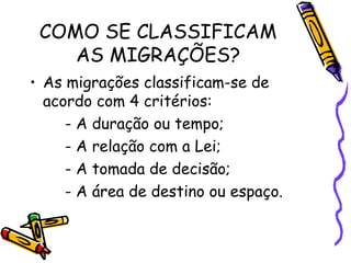 COMO SE CLASSIFICAM
AS MIGRAÇÕES?
• As migrações classificam-se de
acordo com 4 critérios:
- A duração ou tempo;
- A relaç...