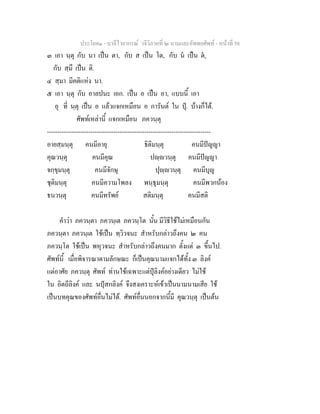 ประโยค๑ - บาลีไวยากรณ วจีวิภาคที่ ๒ นามและอัพพยศัพท - หนาที่ 58
๓ เอา นฺตุ กับ นา เปน ตา, กับ ส เปน โต, กับ น เปน ต,
กับ สฺมึ เปน ติ.
๔ สฺมา มีคติแหง นา.
๕ เอา นฺตุ กับ อาลปนะ เอก. เปน อ เปน อา, แบบนี้ เอา
อุ ที่ นฺตุ เปน อ แลวแจกเหมือน อ การันต ใน ปุ. บางก็ได.
ศัพทเหลานี้ แจกเหมือน ภควนฺตุ
-------------------------------------------------------------------------------
อายสฺมนฺตุ คนมีอายุ ธิติมนฺตุ คนมีปญญา
คุณวนฺตุ คนมีคุณ ปฺวนฺตุ คนมีปญญา
จกฺขุมนฺตุ คนมีจักษุ ปุฺวนฺตุ คนมีบุญ
ชุติมนฺตุ คนมีความโพลง พนฺธุมนฺตุ คนมีพวกนอง
ธนวนฺตุ คนมีทรัพย สติมนฺตุ คนมีสติ
คําวา ภควนฺตา ภควนฺเต ภควนฺโต นั้น มีวิธีใชไมเหมือนกัน
ภควนฺตา ภควนฺเต ใชเปน ทฺวิวจนะ สําหรับกลาวถึงคน ๒ คน
ภควนฺโต ใชเปน พหุวจนะ สําหรับกลาวถึงคนมาก ตั้งแต ๓ ขึ้นไป.
ศัพทนี้ เมื่อพิจารณาตามลักษณะ ก็เปนคุณนามแจกไดทั้ง ๓ ลิงค
แตอาศัย ภควนฺตุ ศัพท ทานใชเฉพาะแตปุลิงคอยางเดียว ไมใช
ใน อิตถีลิงค และ นปุสกลิงค จึงสงเคราะหเขาเปนนามนามเสีย ใช
เปนบทคุณของศัพทอื่นไมได. ศัพทอื่นนอกจากนี้มี คุณวนฺตุ เปนตน
 