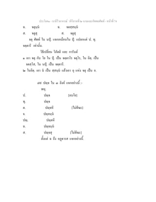 ประโยค๑ - บาลีไวยากรณ วจีวิภาคที่ ๒ นามและอัพพยศัพท - หนาที่ 74
ฉ. จตุนฺน ฉ. จตสฺสนฺน
ส. จตูสุ ส. จตูสุ
จตุ ศัพท ใน นปุ. แจกเหมือนใน ปุ. แปลกแต ป. ทุ.
จตฺตาริ เทานั้น.
วิธีเปลี่ยน วิภัตติ และ การันต
๑ เอา จตุ กับ โย ใน ปุ. เปน จตฺตาโร จตุโร, ใน อิตฺ. เปน
จตสฺโส, ใน นปุ. เปน จตฺตาริ.
๒ ในอิตฺ. เอา น เปน สฺสนฺน แลวเอา อุ แหง จตุ เปน อ.
๗๙ ปฺจ ใน ๓ ลิงค แจกอยางนี้ :-
พหุ.
ป. ปฺจ [ลบโย]
ทุ. ปฺจ
ต. ปฺจหิ [ไมทีฆะ]
จ. ปฺจนฺน
ปฺ. ปฺจหิ
ฉ. ปฺจนฺน
ส. ปฺจสุ [ไมทีฆะ]
ตั้งแต ฉ ถึง อฏารส แจกอยางนี้.
 