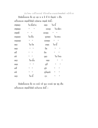 ประโยค๑ - บาลีไวยากรณ วจีวิภาคที่ ๒ นามและอัพพยศัพท - หนาที่ 105
ปจจัยทั้งหลาย คือ ตฺร ตฺถ ห ธ ธิ หึ ห หิฺจน ว เปน
เครื่องหมาย สตฺตมีวิภัตติ แปลตาม สตฺตมี ดังนี้:-
สพฺพตฺร ใน-ทั้งปวง อตฺถ ใน-นี้
สพฺพตฺถ " " เอกตฺร ใน-เดียว
สพฺพธิ " " เอกตฺถ " "
อฺตฺร ใน-อื่น อุภยตฺร ใน-สอง
อฺตฺถ " " อภยตฺถ " "
ยตฺร ใน-ใด เอตฺถ ใน-นี้
ยตฺถ " " อิธ " "
ยหึ " " อิห " "
ยห " " กุตฺร ใน-ไหน
ตตฺร ใน-นั้น กตฺถ " "
ตตฺถ " " กุหึ " "
ตหึ " " กุห " "
ตห " " กุหิฺจน " "
อตฺร ใน-นี้ กฺว " "
ปจจัยทั้งหลาย คือ ทา ทานิ รหิ ธุนา ทาจน ชฺช ชฺชุ เปน
เครื่องหมาย สตฺตมีวิภัตติ ลงในกาล ดังนี้ :-
 