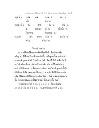 ประโยค๑ - บาลีไวยากรณ วจีวิภาคที่ ๒ นามและอัพพยศัพท - หนาที่ 37
ฉฏี ที่ ๖ แหง ของ แหง - ท. ของ - ท.
เมื่อ. เมื่อ - ท.
สตฺตมี ที่ ๗ ใน ใกล ใน - ท. ใกล - ท.
ที่ ครั้นเมื่อ ที่ - ท. ครั้นเมื่อ - ท.
ในเพราะ. ในเพราะ - ท.
อาลปนะ แนะ ดูกอน แนะ - ท. ดูกอน - ท.
ขาแต. ขาแต - ท.
วิธีแจกนามนาม
[๔๖] ผูศึกษาวิธีแจกนามศัพทดวยวิภัตติ ตองกําหนดจับ
หลักฐานใหไดกอนจึงจะเปนการงายขึ้น. หลักฐานนั้นทานกําหนด
ตามสระที่สุดแหงศัพท เรียกวา การันต, ศัพทที่เปนลิงคเดียวกันมี
การันตเหมือนกันแลว ก็แจกเปนแบบเดียวกัน ยกไวแตศัพทบาง
เหลา ที่มีวิธีแจกอยางหนึ่งตางหาก. เมื่อกําหนดไดหลักฐานดังนี้แลว
ก็ไมตองหนักใจ เพราะการที่ตองทรงจํามากนัก จําไดเสียแบบหนึ่ง
แลว ก็ใชตลอดไปไดหลายรอยศัพททีเดียว. ในนามนามและคุณนาม
นั้น ทานจัดการันตตามที่ใชสาธารณาทั่วไปมากนั้น ดังนี้ :-
ในปุลิงคมีการันต ๕ คือ อ อิ อี อุ อู. ในอิตถีลิงคมี
การันต ๕ คือ อา อิ อี อุ อู. ในนปุสกลิงคมีการันต ๓ คือ
 