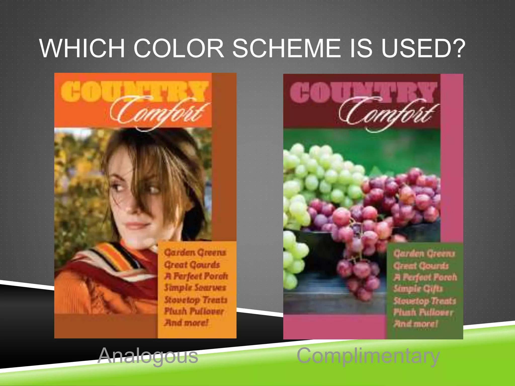 WHICH COLOR SCHEME IS USED?
Analogous Complimentary
 