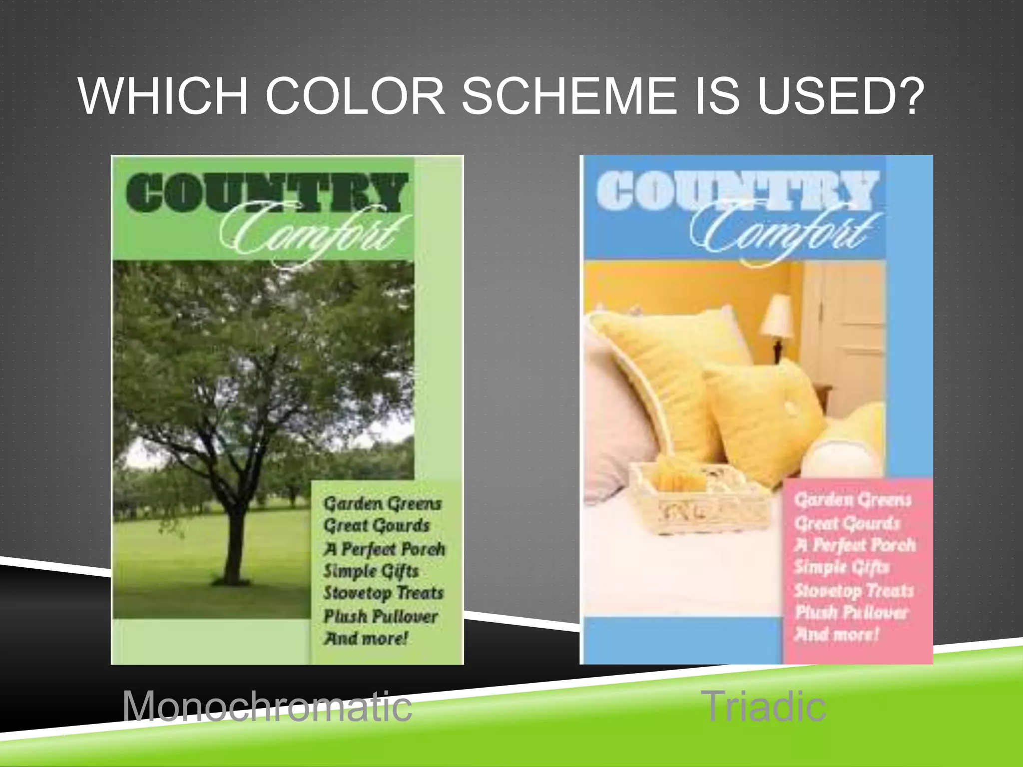 WHICH COLOR SCHEME IS USED?
Monochromatic Triadic
 