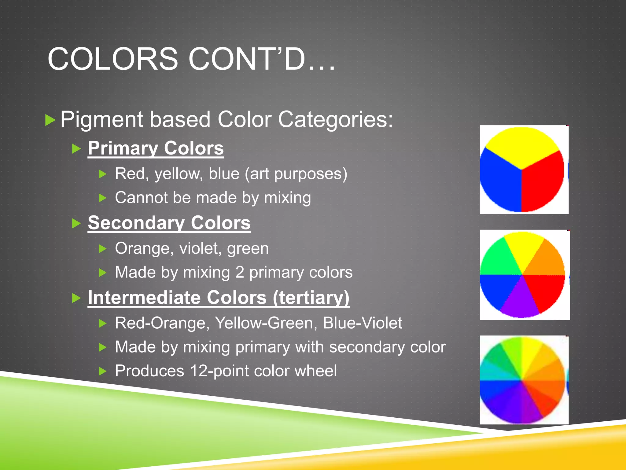 COLORS CONT’D…
Pigment based Color Categories:
 Primary Colors
 Red, yellow, blue (art purposes)
 Cannot be made by mixing
 Secondary Colors
 Orange, violet, green
 Made by mixing 2 primary colors
 Intermediate Colors (tertiary)
 Red-Orange, Yellow-Green, Blue-Violet
 Made by mixing primary with secondary color
 Produces 12-point color wheel
 