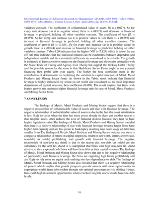 International Journal of Advanced Research in Management (IJARM), ISSN 0976 – 6324 (Print),
ISSN 0976 – 6332 (Online), Volume 5, Issue 3, May- June (2014), pp. 11-19 © IAEME
18
variables constant. The coefficient of collateralized value of assets β6 is (-0.027). So for
every unit decrease (as it is negative value) there is a (0.027) unit decrease in financial
leverage is predicted, holding all other variables constant. The coefficient of size β7 is
(0.259). So for every unit increase (as it is positive value) in size there is a (0.259) unit
increase in financial leverage is predicted, holding all other variables constant. The
coefficient of growth β8 is (0.024). So for every unit increase (as it is positive value) in
growth there is a (0.024) unit increase in financial leverage is predicted, holding all other
variables constant. Table 4.20 indicates that the highest VIF is (7.129) which is below the cut
off rate thus indicates that the statistical relation can be established between dependent and
independent variable and the estimated coefficients are considered to be reliable. The growth
is estimated to have a positive impact on the financial leverage and the results contradict with
the Static Trade of Theory and Agency Cost Theory but support the Pecking Order Theory
and the possible reason for the same is that Healthcare Sector Firms ought to use external
financing then prefer debt over equity. The higher the beta coefficient more is the
contribution of determinants in explaining the variation in capital structure of Metal, Metal
Products and Mining Sector firms. As shown in the Table, result indicate that financial
leverage is highly influenced by return on net worth and considered as the most important
determinant of capital structure, beta coefficient (0.689). The result implies that firms with
higher growth rate maintain higher financial leverage ratio in case of Metal, Metal Products
and Mining Sector firms.
7. CONCLUSION
The findings of Metals, Metal Products and Mining Sector suggest that there is a
negative relationship of collatralizable value of assets and size with financial leverage. The
negative relationship of collatralizable value of assets is due to the fact that asset substitution
is less likely to occur when the firm has more assets already in place and another reason is
that tangible assets often reduces the cost of financial distress because they tend to have
higher liquidation value.The findings of Metals, Metal Products and Mining Sector revealed
that there is a positive relationship of size with financial leverage because larger firms have
higher debt capacity and are less prone to bankruptcy resulting into more usage of debt than
smaller firms.The findings of Metals, Metal Products and Mining Sector indicate that there is
a negative relationship of return on capital employed, return on net worth, interest cover ratio,
non-debt tax shield, profitability, and growth with financial leverage. The negative
relationship of non-debt tax shield is due to the reason that non-debt tax shield are the
substitutes for the debt tax shield. It is interpreted that firms with high non-debt tax shield
relative to their expected cash flows will have less debt in their capital structure.The findings
of Metals, Metal Products and Mining Sector also shows that due to the negative relationship
of profitability with financial leverage, the firms are expecting high future profitability and
are likely to rely more on equity and resulting into less dependence on debt.The findings of
Metals, Metal Products and Mining Sector also revealed that there is a negative relationship
of growth which implies that growth prospects provide owners with more opportunities to
expropriate wealth from debt holders through sub-optimal investment or risk shifting. Hence,
firms with high investment opportunities relative to their tangible assets should have low debt
levels.
 