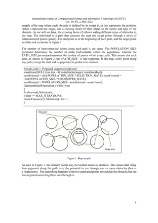 International Journal of Computational Science and Information Technology (IJCSITY)
Vol. 10, No. 2, May 2022
3
sample ofthe map where each obstacle is defined by its center (x,y) that represents the position,
radius r represents the range, and a crossing factor (f) that relates to the nature and type of the
obstacle. As we will see later, the crossing factor (f) allows adding different types of obstacles to
the map. The individual is a path that connects the start and target points through a series of
interconnected points (genes). The startpoint is at the beginning of each path, and the target point
is at the end, as shown in Figure 1.
The number of interconnected points along each path is the same. The POPULATION_SIZE
parameter determines the number of paths (individuals) within the population, whereas the
PATH_SIZE parameterdetermines the number of points within every path. This means that each
path, as shown in Figure 2, has (PATH_SIZE -1) line-segments. In the map, every point along
any path (except the start and targetpoints) is produced at random.
Pseudo-code 1. Proposed sequential approach
srand(time(NULL));int iter = 0; initializeSettings(); initializeMap();
numSelected = (int)(POPULATION_SIZE * SELECTION_RATE); numCrossed =
(int)(POPULATION_SIZE * CROSSOVER_RATE);
numMutated = POPULATION_SIZE - numSelected - numCrossed;
GenetateInitialPoputation();while (true)
{
Evaluation();Selection();
if (iter >= MAX_ITERATIONS)
break;Crossover(); Mutation(); iter++;
}
Figure 1. Map sample
As seen in Figure 1, the random points may be located inside an obstacle. This means that many
line- segments along the path have the potential to cut through one or more obstacles (but at
a highercost). The same thing happens when two generated points are outside the obstacle, but the
line-segmentconnecting them cuts through it.
 
