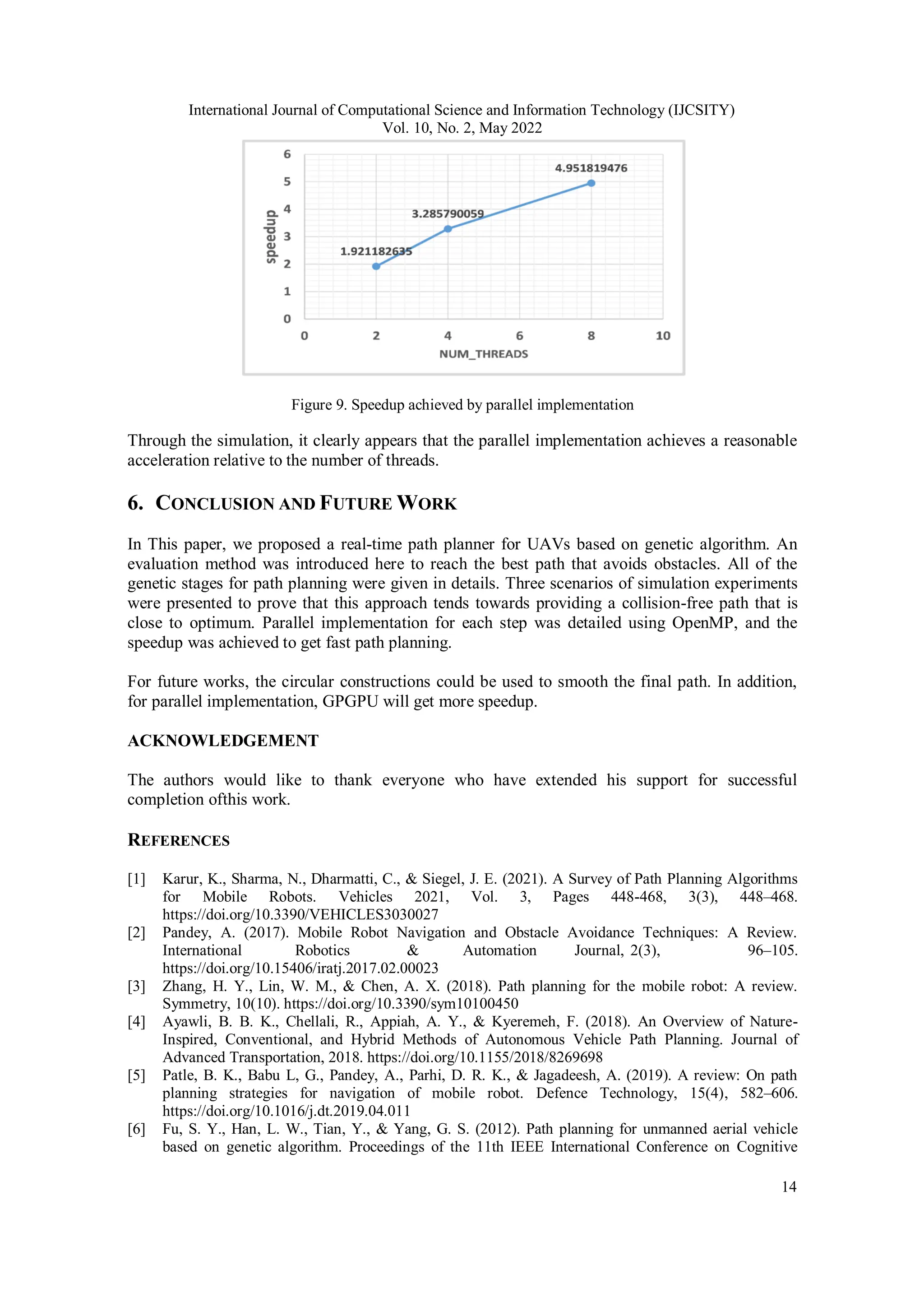 International Journal of Computational Science and Information Technology (IJCSITY) Vol. 10, No. 2, May 2022 14 Figure 9. Speedup achieved by parallel implementation Through the simulation, it clearly appears that the parallel implementation achieves a reasonable acceleration relative to the number of threads. 6. CONCLUSION AND FUTURE WORK In This paper, we proposed a real-time path planner for UAVs based on genetic algorithm. An evaluation method was introduced here to reach the best path that avoids obstacles. All of the genetic stages for path planning were given in details. Three scenarios of simulation experiments were presented to prove that this approach tends towards providing a collision-free path that is close to optimum. Parallel implementation for each step was detailed using OpenMP, and the speedup was achieved to get fast path planning. For future works, the circular constructions could be used to smooth the final path. In addition, for parallel implementation, GPGPU will get more speedup. ACKNOWLEDGEMENT The authors would like to thank everyone who have extended his support for successful completion ofthis work. REFERENCES [1] Karur, K., Sharma, N., Dharmatti, C., & Siegel, J. E. (2021). A Survey of Path Planning Algorithms for Mobile Robots. Vehicles 2021, Vol. 3, Pages 448-468, 3(3), 448–468. https://doi.org/10.3390/VEHICLES3030027 [2] Pandey, A. (2017). Mobile Robot Navigation and Obstacle Avoidance Techniques: A Review. International Robotics & Automation Journal, 2(3), 96–105. https://doi.org/10.15406/iratj.2017.02.00023 [3] Zhang, H. Y., Lin, W. M., & Chen, A. X. (2018). Path planning for the mobile robot: A review. Symmetry, 10(10). https://doi.org/10.3390/sym10100450 [4] Ayawli, B. B. K., Chellali, R., Appiah, A. Y., & Kyeremeh, F. (2018). An Overview of Nature- Inspired, Conventional, and Hybrid Methods of Autonomous Vehicle Path Planning. Journal of Advanced Transportation, 2018. https://doi.org/10.1155/2018/8269698 [5] Patle, B. K., Babu L, G., Pandey, A., Parhi, D. R. K., & Jagadeesh, A. (2019). A review: On path planning strategies for navigation of mobile robot. Defence Technology, 15(4), 582–606. https://doi.org/10.1016/j.dt.2019.04.011 [6] Fu, S. Y., Han, L. W., Tian, Y., & Yang, G. S. (2012). Path planning for unmanned aerial vehicle based on genetic algorithm. Proceedings of the 11th IEEE International Conference on Cognitive 