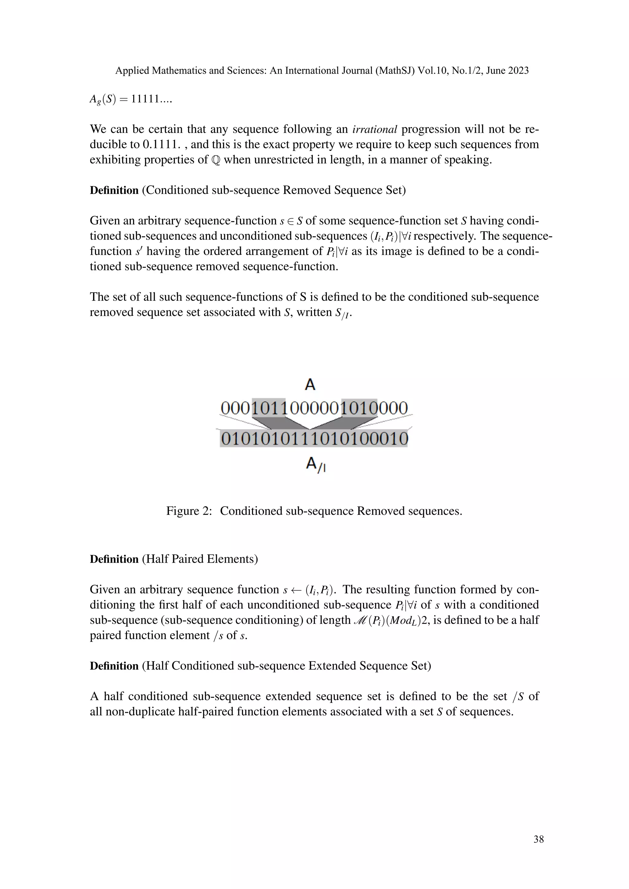 Ag(S) = 11111....
We can be certain that any sequence following an irrational progression will not be re-
ducible to 0.1111. , and this is the exact property we require to keep such sequences from
exhibiting properties of Q when unrestricted in length, in a manner of speaking.
Definition (Conditioned sub-sequence Removed Sequence Set)
Given an arbitrary sequence-function s ∈ S of some sequence-function set S having condi-
tioned sub-sequences and unconditioned sub-sequences (Ii,Pi)|∀i respectively. The sequence-
function s′ having the ordered arrangement of Pi|∀i as its image is defined to be a condi-
tioned sub-sequence removed sequence-function.
The set of all such sequence-functions of S is defined to be the conditioned sub-sequence
removed sequence set associated with S, written S/I.
Figure 2: Conditioned sub-sequence Removed sequences.
Definition (Half Paired Elements)
Given an arbitrary sequence function s ← (Ii,Pi). The resulting function formed by con-
ditioning the first half of each unconditioned sub-sequence Pi|∀i of s with a conditioned
sub-sequence (sub-sequence conditioning) of length M (Pi)(ModL)2, is defined to be a half
paired function element /s of s.
Definition (Half Conditioned sub-sequence Extended Sequence Set)
A half conditioned sub-sequence extended sequence set is defined to be the set /S of
all non-duplicate half-paired function elements associated with a set S of sequences.
Applied Mathematics and Sciences: An International Journal (MathSJ) Vol.10, No.1/2, June 2023
38
 