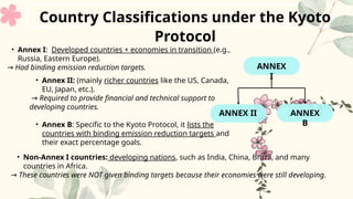 • Annex II: (mainly richer countries like the US, Canada,
EU, Japan, etc.).
→ Required to provide financial and technical support to
developing countries.
• Annex B: Specific to the Kyoto Protocol, it lists the
countries with binding emission reduction targets and
their exact percentage goals.
Country Classifications under the Kyoto
Protocol
• Annex I: Developed countries + economies in transition (e.g.,
Russia, Eastern Europe).
→ Had binding emission reduction targets.
• Non-Annex I countries: developing nations, such as India, China, Brazil, and many
countries in Africa.
→ These countries were NOT given binding targets because their economies were still developing.
ANNEX
I
ANNEX II ANNEX
B
 