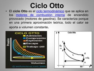 Ciclo Otto
• El ciclo Otto es el ciclo termodinámico que se aplica en
los motores de combustión interna de encendido
provocado (motores de gasolina). Se caracteriza porque
en una primera aproximación teórica, todo el calor se
aporta a volumen constante.
 