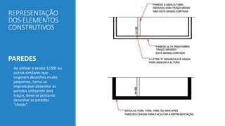 REPRESENTAÇÃO
DOS ELEMENTOS
CONSTRUTIVOS
PAREDES
• Ao utilizar a escala 1/200 ou
outras similares que
originem desenhos muito
pequenos, torna-se
impraticável desenhar as
paredes utilizando dois
traços, deve-se portanto
desenhar as paredes
“cheias”.
 
