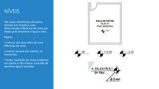 São cotas altimétricas dos pisos,
sempre em relação a uma
determinada referência de nível pré-
fixada pelo projetista e igual a zero.
Regras:
• Colocar dos dois lados de uma
diferença de nível;
• Indicar sempre em metros, na
horizontal;
• Evitar repetição de níveis próximos
em planta e não marcar sucessão de
desníveis iguais (escada);
NÍVEIS
 