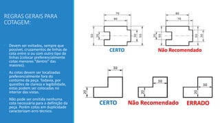 REGRAS GERAIS PARA
COTAGEM:
• Devem ser evitados, sempre que
possível, cruzamentos de linhas de
cota entre si ou com outro tipo de
linhas (colocar preferencialmente
cotas menores “dentro” das
maiores).
• As cotas devem ser localizadas
preferencialmente fora do
contorno da peça. Todavia, por
questões de clareza e legibilidade,
estas podem ser colocadas no
interior das vistas.
• Não pode ser omitida nenhuma
cota necessária para a definição da
peça. Porém cotas em duplicidade
caracterizam erro técnico.
 