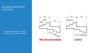 REGRAS GERAIS PARA
COTAGEM:
• Sempre que possível, as cotas
devem ser colocadas alinhadas.
 