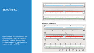 ESCALÍMETRO
O escalímetro é o instrumento que
utilizamos para aferir as medidas
dadas em escalas. A unidade de
medida dos valores registrados no
escalímetro é o METRO.
 