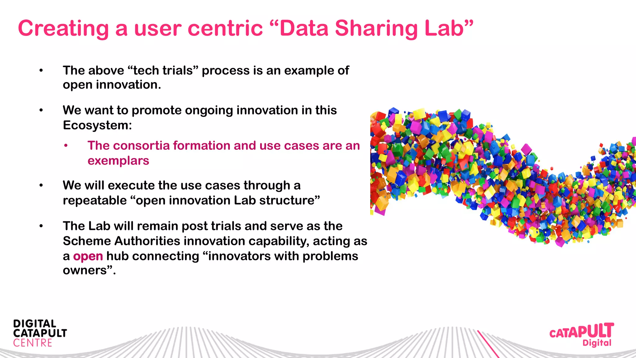 Creating a user centric “Data Sharing Lab”
•  The above “tech trials” process is an example of
open innovation.
•  We want to promote ongoing innovation in this
Ecosystem:
•  The consortia formation and use cases are an
exemplars
•  We will execute the use cases through a
repeatable “open innovation Lab structure”
•  The Lab will remain post trials and serve as the
Scheme Authorities innovation capability, acting as
a open hub connecting “innovators with problems
owners”.
 