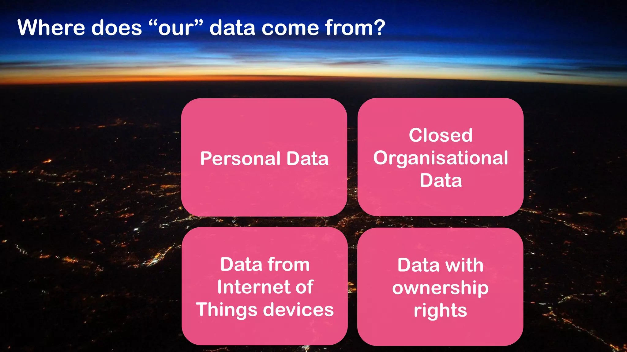Data from
Internet of
Things devices
Personal Data
Data with
ownership
rights
Closed
Organisational
Data
Where does “our” data come from?
 