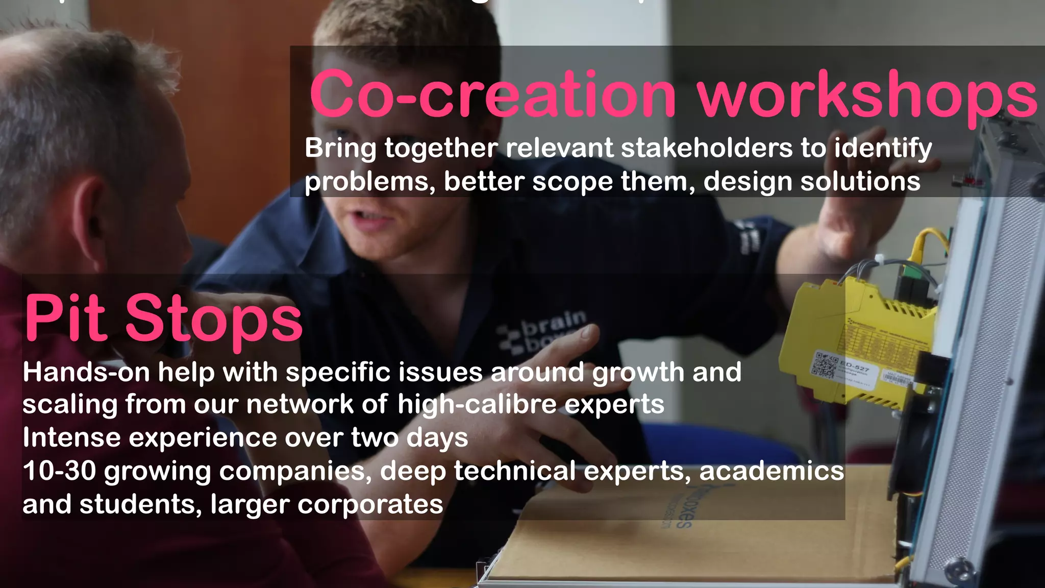 Pit Stops
Hands-on help with specific issues around growth and
scaling from our network of high-calibre experts
Intense experience over two days
10-30 growing companies, deep technical experts, academics
and students, larger corporates
Co-creation workshops
Bring together relevant stakeholders to identify
problems, better scope them, design solutions
 