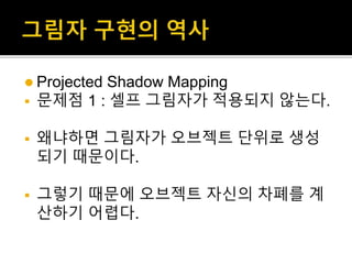  Projected Shadow Mapping
 문제점 1 : 셀프 그림자가 적용되지 않는다.
 왜냐하면 그림자가 오브젝트 단위로 생성
되기 때문이다.
 그렇기 때문에 오브젝트 자신의 차폐를 계
산하기 어렵다.
 