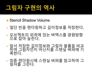  Stencil Shadow Volume
 일단 씬을 렌더링하고 깊이정보를 저장한다.
 오브젝트의 외곽에 있는 버텍스를 광원방향
으로 잡아 늘린다.
 앞서 저장한 깊이정보와 그림자 볼륨을 비교
하여 그림자인지 아닌지를 스텐실 버퍼에 기
록한다.
 최종 렌더링시에 스텐실 버퍼를 참고하여 그
림자를 그린다.
 