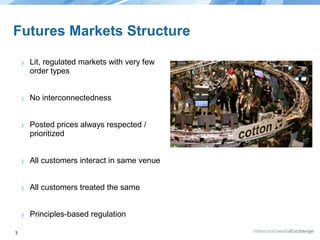 Futures Markets Structure
›
›

No interconnectedness

›

Posted prices always respected /
prioritized

›

All customers interact in same venue

›

All customers treated the same

›
3

Lit, regulated markets with very few
order types

Principles-based regulation

 