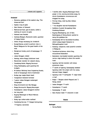sharks and caymans

Hinilawod
o Alunsina, goddess of the eastern sky, “The
Unmarried One”
o Kaptan, king of gods
o Datu Paubari of Halawod
o Maklium-sa-t’wan, god of plains, called a
meeting of council of gods.
o Halawod was flooded.
o Suklang Malayon, Alunsina’s sister, guardian
of happy homes
o Siklot, things necessary for childbirth
o Bungot-Banwa, priest to perform rites in
Mount Madya-as for the good health of the
kids
o Alanghiran fronds, pinch of kamangayn 
burned
o Labaw Donggon: eldest
o Handug, where Angoy Ginbitinan lived
o Manalintad: monster for Labaw’s dowry
o Tarambang Butok, Abyang Durunuun
o Sikay Padalogdog: giant guarding the
bridgeIu
o At Gadlum: Malitong Yawa Singmaling Diwata,
bride of Saragnayan (lord of darkness)
o Birday nga inagta (black boat)
o Tulogmatian (seaside fortress)
o 7 years: Labaw Donggon submerged
Saragnayan
o Anoy Giniitinan’s kid: Aso Mangga
o Angoy Durunuun’s: Abyang Barunugon
o Humadapnon: Labaw Donggon’s brother
o too long shet
o Buyong Matanayon of Mount Matiula:
companion
o Biday nga rumba-rumba: sailboat

o 7 months after: Buyong Matanayon threw
ginger in fire, scaring sorceress away; he
struck Humadapnon unconscious and
dragged him away
o Piniling Tubig, ruled by Datu Umbaw
Pinaumbaw
o ^ his daughter married Humadapnon
o Goddess of greed: Burigadang Pada
Sinaklang Bulawan
o Buyong Makabagting, son of Datu
Balahidyong of Paling Bukid: wanted to
marry the goddess too
o Dumalapdap left for Burutlakan-ka-adlaw,
where Lubay-Lubyok Hanginun si
Mahuyokhuyokon lived
o Dumasig: companion, most powerful wrestler
in Madya-as
o Tarambuan-ka-banwa: where they
encountered Balanakon
o Balanakon: two-headed monster guarding the
narrow ridge leading to where the maiden
lived
o Uyutang: bat-like monster with sharp
poisonous claws
o 7th month of fighting: Dumalapdap stabbed
Uyutang under the armpit with his iwang
daniwan (magic dagger)
o Uyutang cried  earhquake  ridge broke
in half
o Ridge = ½Buglas island (Negros) and ½
Panay island
o Labaw Donggon  north
o Humadapnon  south
o Dumalapdap  west
o Datu Paubari (dad)  remained in east

Muslim

o Tarambang Buriraw  Talagas Kuting-tang
 Piganun, sorceress

apgabesamis

Bantugan
o Haring Madali

 