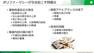 Sakura Shinmachi Urban Clinic Copyright © Platanus All Rights Reserved.
• 薬物有害反応の発生
転倒率の上昇
せん妄の発生率の上昇
死亡率の上昇
入院率の上昇、入院期間の延長
認知機能障害との関連
• 服薬内容の質の低下
不適切な薬剤の使用
薬剤の重複
ポリファーマシーが引き起こす問題点
• 服薬アドヒアランスの低下
服薬の自己中断
残薬
誤服薬
• 経済的問題
当事者の負担増大
医療費の増大
 