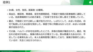 Sakura Shinmachi Urban Clinic Copyright © Platanus All Rights Reserved.
症例1
• 84歳、女性、独居。服薬数 10種類。
• 高血圧、糖尿病、胃潰瘍、変形性膝関節症、不眠症で複数の医療機関に通院して
いる。各医療機関からの処方薬を、ご自身で空き缶に移し替えて管理していた。
• 最近、不眠症に対する新しい薬が処方された。しばらくして、めまいを認め、自
宅で転倒したため近医を受診した。検査で特に問題はなかったが、めまいの治療
薬が追加された。
• その後、ヘルパーが自宅を訪問したところ、多数の残薬が確認された。最近、物
忘れの症状が出現し、服薬の飲み忘れが増えている。飲み間違えもあるのか、不
足している薬剤もあった。本人も薬剤管理に難渋しており、服薬が面倒だと話し
ているが、先生には伝えられない。
 