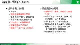 Sakura Shinmachi Urban Clinic Copyright © Platanus All Rights Reserved.
• 医療者側の問題
情報不足（患者、薬局との連携
不足）
老年症候群（関節痛、不眠、抑
うつなど）に対する処方
ガイドラインに忠実な処方
薬剤の有害反応を疾患の症状と
判断し、新たな処方が増える
（Prescribing cascade）
薬物有害反応の知識不足
服薬数が増加する原因
• 当事者側の問題
高齢者
複数の医療機関を受診
医療の過剰要求、処方要求
薬物有害反応の情報不足
認知症などの基礎疾患
服薬管理ができない
服薬アドヒアランスの低下
 
