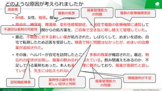 Sakura Shinmachi Urban Clinic Copyright © Platanus All Rights Reserved.
どのような原因が考えられましたか
• 84歳、女性、独居。服薬数 10種類。
• 高血圧、糖尿病、胃潰瘍、変形性膝関節症、不眠症で複数の医療機関に通院して
いる。各医療機関からの処方薬を、ご自身で空き缶に移し替えて管理していた。
• 最近、不眠症に対する新しい薬が処方された。しばらくして、めまいを認め、自
宅で転倒したため近医を受診した。検査で特に問題はなかったが、めまいの治療
薬が追加された。
• その後、ヘルパーが自宅を訪問したところ、多数の残薬が確認された。最近、物
忘れの症状が出現し、服薬の飲み忘れが増えている。飲み間違えもあるのか、不
足している薬剤もあった。本人も薬剤管理に難渋しており、服薬が面倒だと話し
ているが、先生には伝えられない。
高齢者
複数の疾患 複数の医療機関受診
服薬管理能力
の問題
認知機能障害
薬剤性の副作用を
新しい症状と判断
服薬管理能力
の問題
情報提供が不足
不適切な薬剤の可能性
 