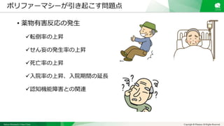 Sakura Shinmachi Urban Clinic Copyright © Platanus All Rights Reserved.
ポリファーマシーが引き起こす問題点
• 薬物有害反応の発生
転倒率の上昇
せん妄の発生率の上昇
死亡率の上昇
入院率の上昇、入院期間の延長
認知機能障害との関連
 