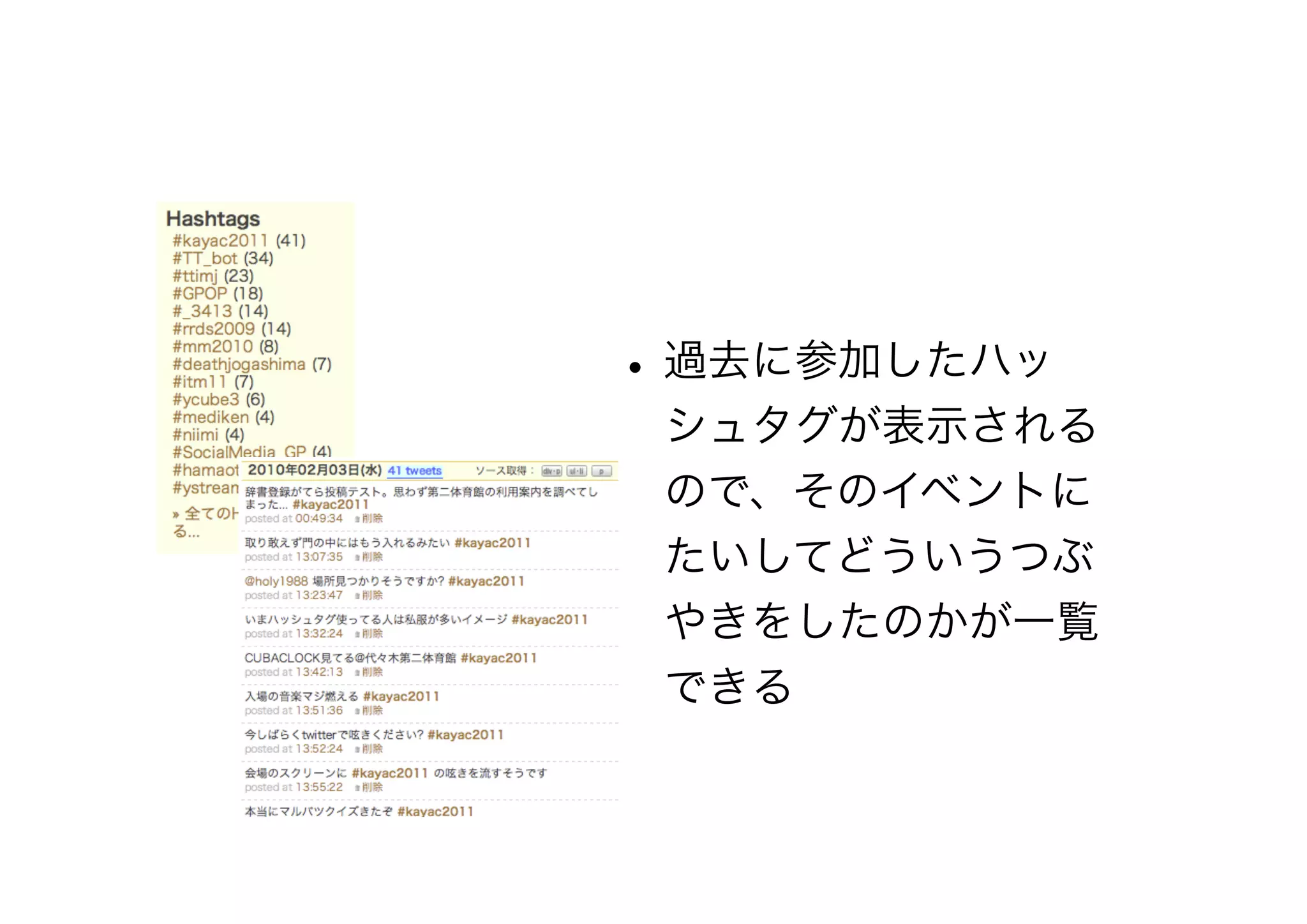 •過去に参加したハッ
シュタグが表示される
ので、そのイベントに
たいしてどういうつぶ
やきをしたのかが一覧
できる
 