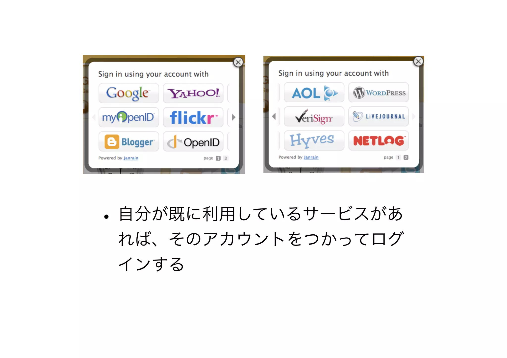 •自分が既に利用しているサービスがあ
れば、そのアカウントをつかってログ
インする
 