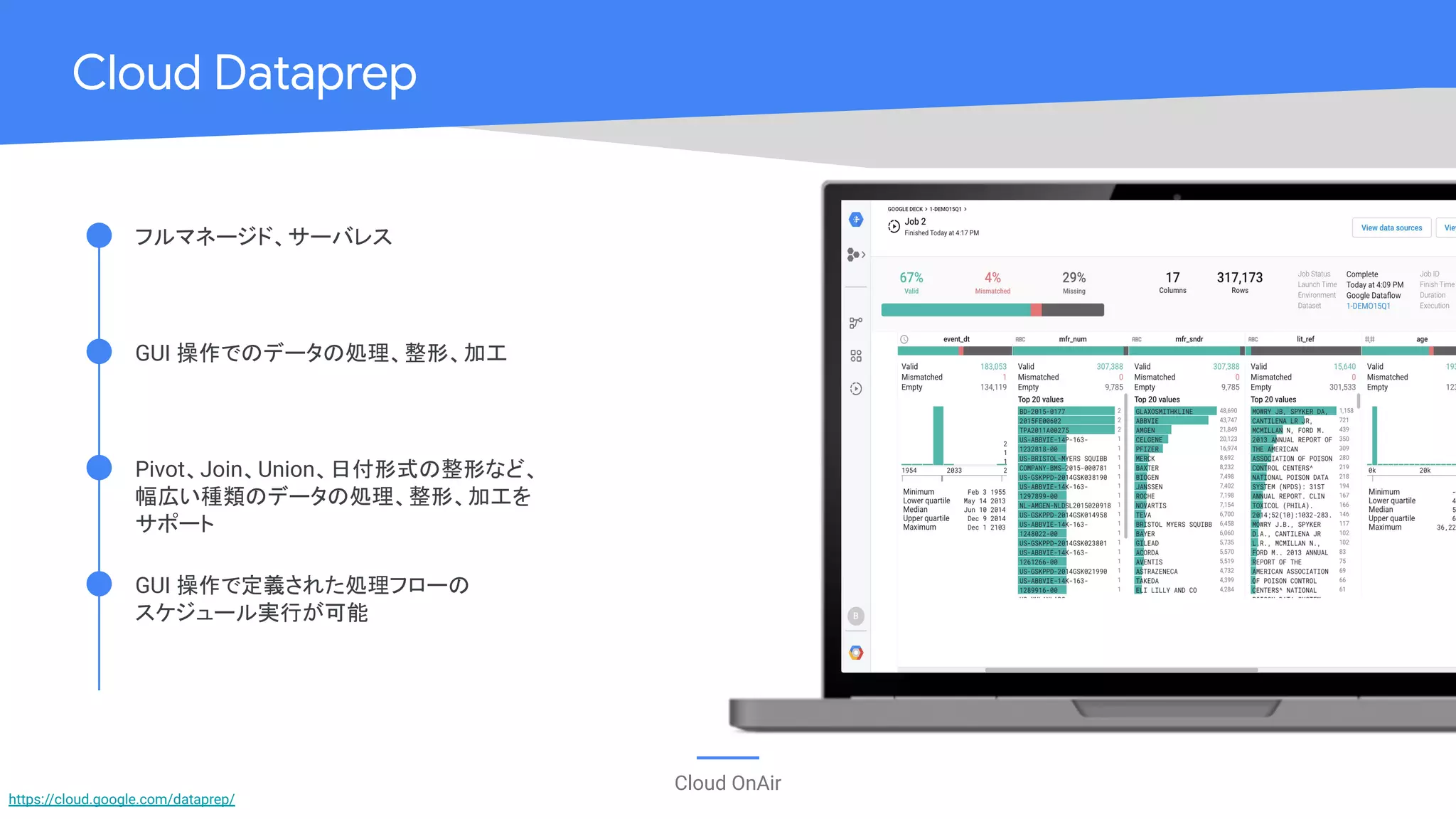 Cloud OnAir
Cloud Dataprep
Pivot、Join、Union、日付形式の整形など、
幅広い種類のデータの処理、整形、加工を
サポート
GUI 操作で定義された処理フローの
スケジュール実行が可能
GUI 操作でのデータの処理、整形、加工
フルマネージド、サーバレス
https://cloud.google.com/dataprep/
 